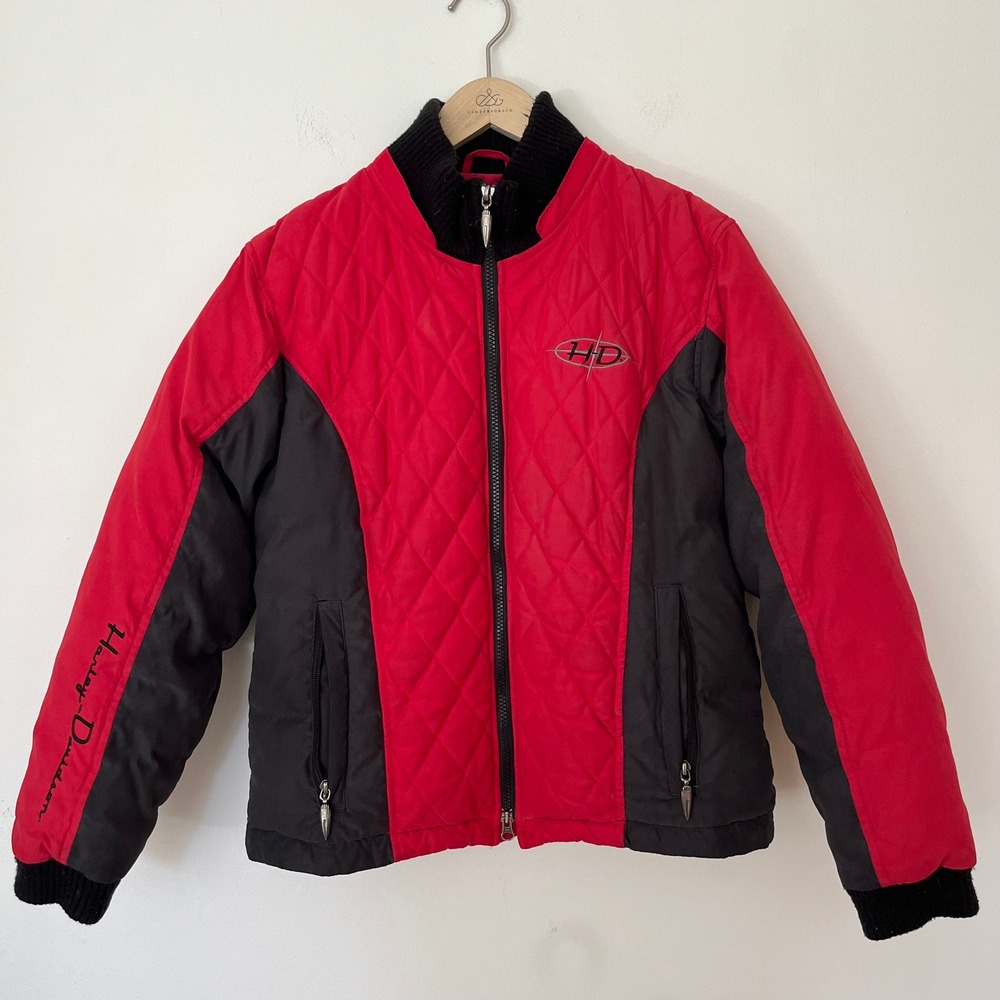 Harley-Davidson Mens Red Black Quilted Bomber Jacket Embroidered Moto M